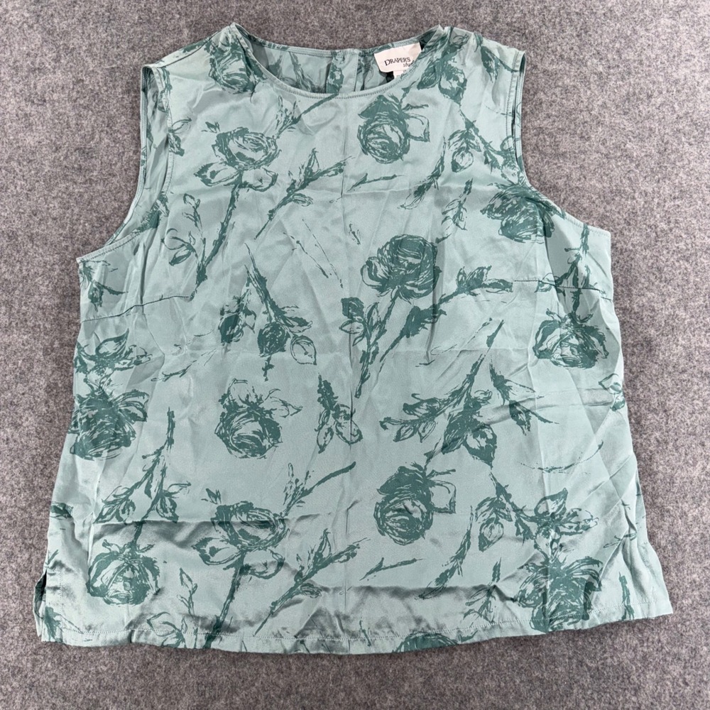 Drapers Studio Womens 16 Silk Tank Top Sage Green Floral Rose Sleeveless Blouse